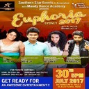 Organized By : Southern Star EventsDate: 30-Jul-2017Time: 05:00 PM to 09:30 PMVenue: Bowman’s Hall - Sydney BLACKTOWNAddress: 35 Campbell StContact Number: 0423028437 0401083912Email: anz.ssievents@gmail.comTicket: https://www.trybooking.com/book/event?eid=283704Euphoria 2017 will be of Dance, Music, Comedy show filled with fun and laughter, performances by leading artists from the Kollywood industry and also our own local Sydney stars showcasing their talent in the same platform.Thank you.
