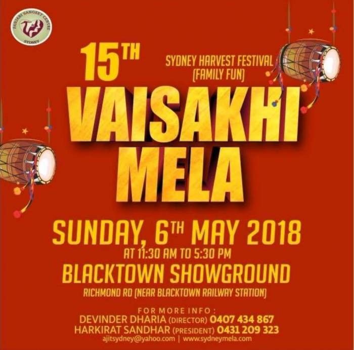 15th Vaisakhi Mela in Sydney, 6th May 2018Event DetailsVenue: Blacktown Showground Richmond RD (Near Blacktown Railway Station)Time: 11:30am To 5:30pmfor more details openfb page: https://www.facebook.com/varun.tiwari.549Time- 11:30 am To 5:30 pm