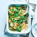 Coconut fish curry traybake<br /><br />Ingredients<br /><br />2 x 250g pouches cooked brown rice<br />160ml can coconut milk<br />4 tbsp Thai red curry paste<br />1 tbsp fish sauce<br />4 fillets white fish (around 120g each)<br />200g pack Tenderstem broccoli<br />235g pack pak choi<br />½ small bunch spring onions<br />, sliced on the diagonal<br />small pack coriander, leaves picked<br />2 limes<br />, cut into wedges, to serve<br />Method<br /><br />Heat oven to 200C/180C fan/gas 6. Tip the rice into a roasting tin. Whisk the coconut milk with the curry paste and fish sauce. Nestle the fish into the rice, put the broccoli, pak choi and half the spring onions on top, and season. Drizzle the coconut mixture over everything, cover with foil and cook in the oven for 25 mins or until the veg is cooked through and the fish is flaking apart.<br />Serve in bowls, topped with coriander leaves and the remaining spring onions, with lime wedges on the side.