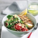 Bulgur, haloumi and mint salad.<br /><br />Method<br /><br />1. Preheat barbecue to moderately high.<br /><br />2. Cover bulgur in a bowl with 400ml boiling water. Stand for 30 minutes, stirring from time to time, until all the water has been absorbed.<br /><br />3. Plunge peas into boiling water and cook for 2-3 minutes or until bright green. Remove with a slotted spoon and run under cold water. Plunge green beans into the boiling water and cook for 4 minutes, or until slightly softened and bright green. Drain and run under cold water. Set peas and beans aside.<br /><br />4. To make dressing, combine all ingredients in a screwtop jar, season with pepper and shake until well combined.<br /><br />5. Transfer bulgur to a bowl, fork through to separate grains and add beans, peas, tomatoes, mint, pumpkin seeds and dressing and toss well. Set aside for 30 minutes.<br /><br />6. Spray the barbecue with cooking spray and place haloumi on the barbecue and cook until well browned, about 2 minutes each side.<br /><br />7. Cut each slice in half and serve immediately with bulgur salad while haloumi is still warm.